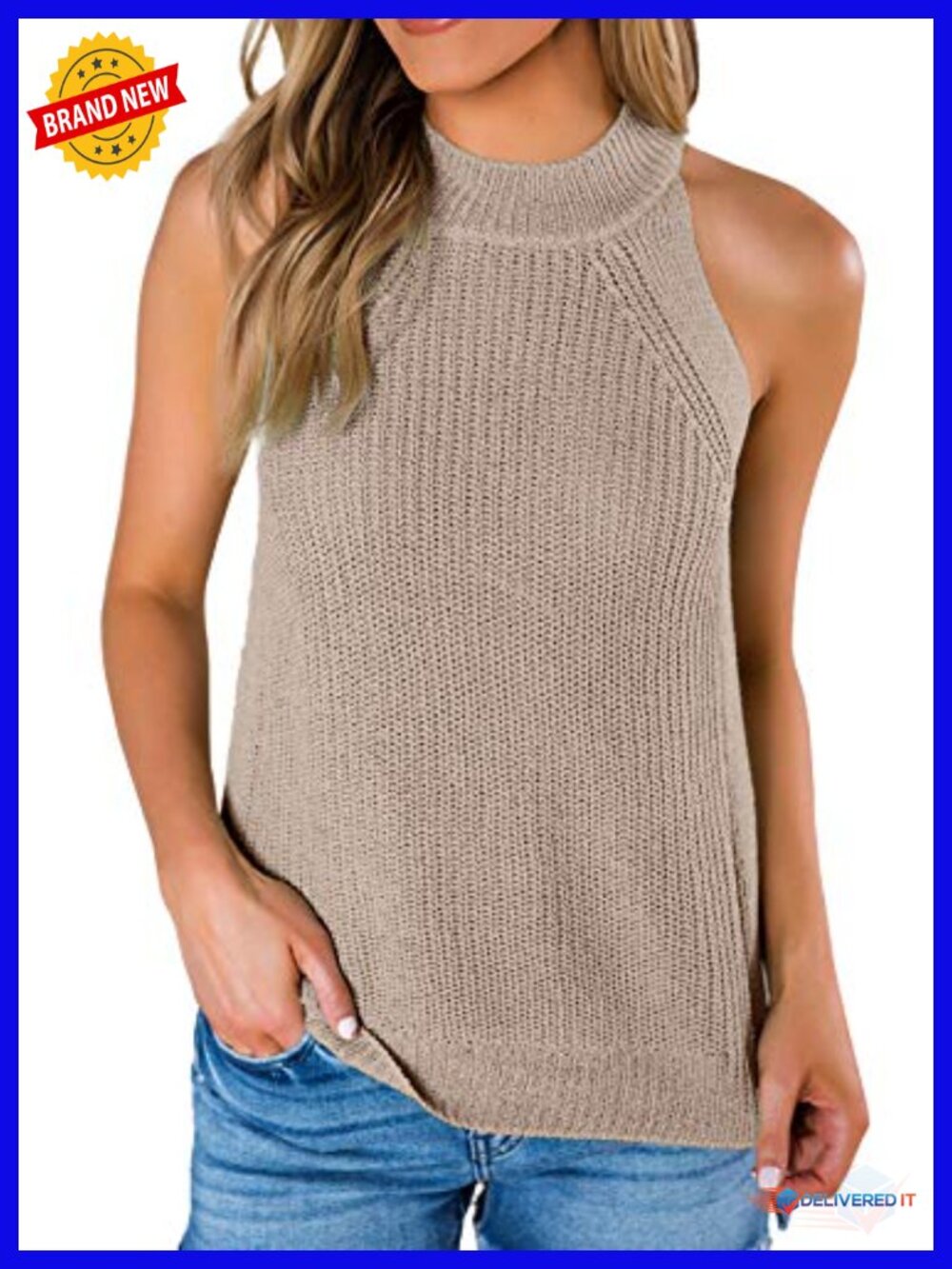 Halter Neck Sleeveless Knit Tank Top Side Split Summer Casual Racerback